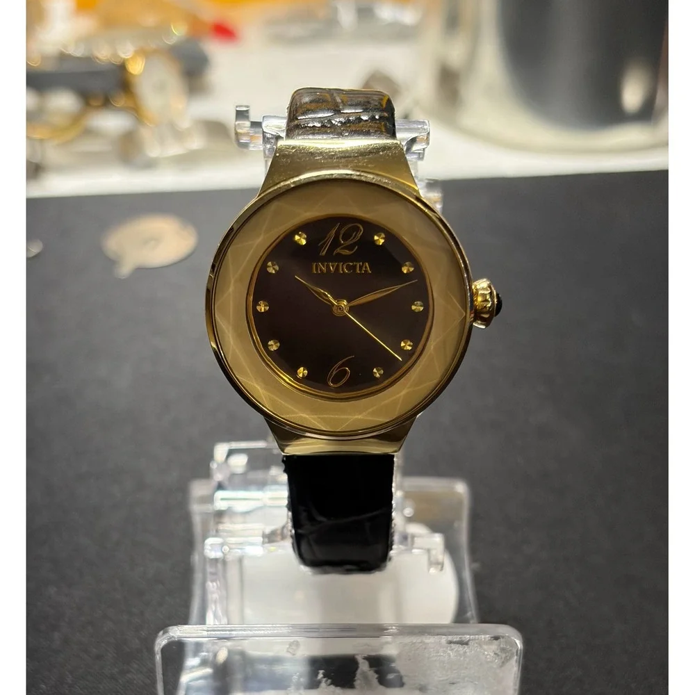 Invicta Angel Watch Women OS Black Gold Leather Strap 29784 Luxury